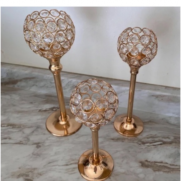 🪞 NEW set- sparkling votive decorative set of 3 in rose gold tone with crystals - Picture 3 of 4